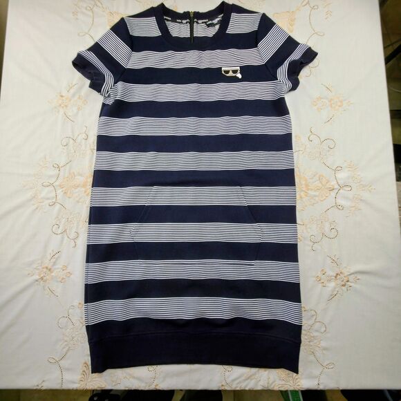 Karl Lagerfeld Paris Sweater Dress Women Small Striped Pocket Zipper Karl patch - Picture 3 of 10